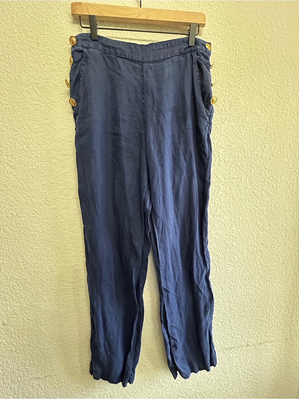 Vineyard Vines Linen Pants Womens 10 Navy Blue Sailor Gold Button Wide Straight